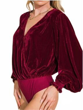 Flying Tomato BLACK velvet balloon long sleeve V neck body suit sz XL #1676